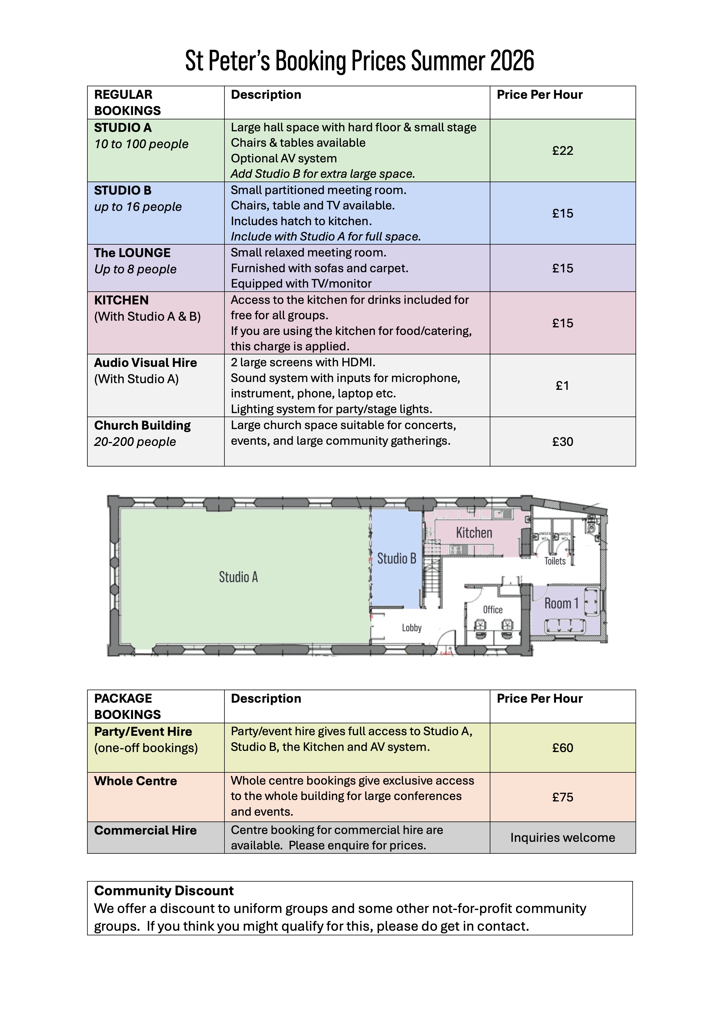 SPMCC Building Hire Prices 202